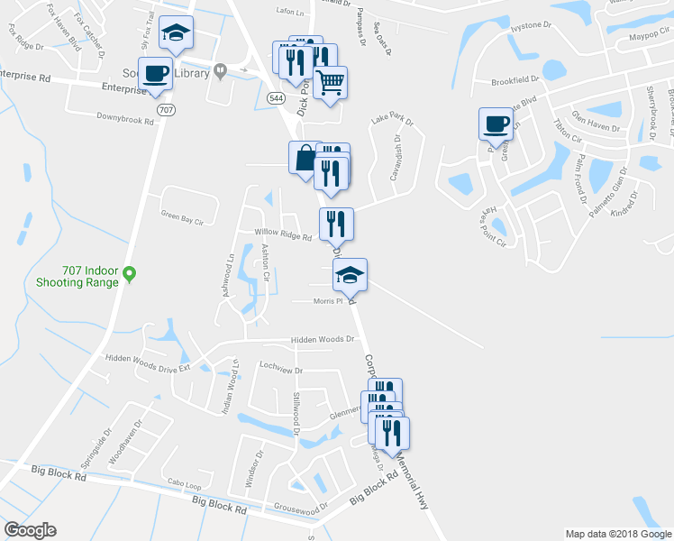 map of restaurants, bars, coffee shops, grocery stores, and more near 6505 Un Road in Myrtle Beach