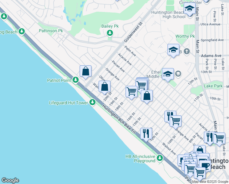 map of restaurants, bars, coffee shops, grocery stores, and more near in Huntington Beach