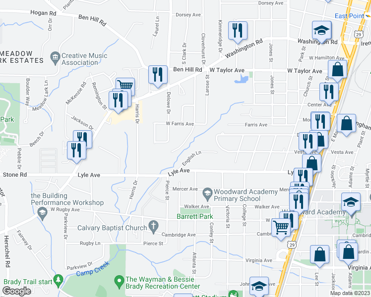map of restaurants, bars, coffee shops, grocery stores, and more near 3204 Cloverhurst Drive in East Point