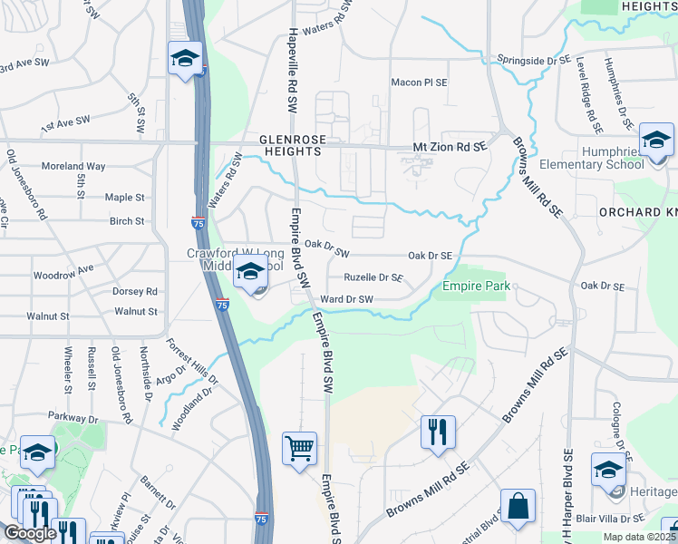 map of restaurants, bars, coffee shops, grocery stores, and more near 76 Ruzelle Drive Southeast in Atlanta