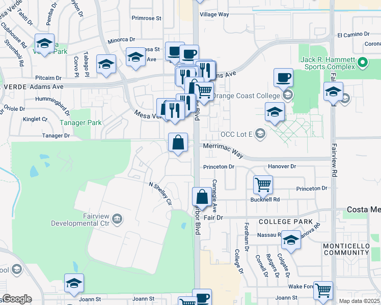 map of restaurants, bars, coffee shops, grocery stores, and more near 2500 Merrimac Way in Costa Mesa