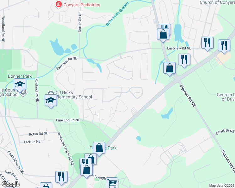 map of restaurants, bars, coffee shops, grocery stores, and more near 1057 Wedgewood Court Northeast in Conyers