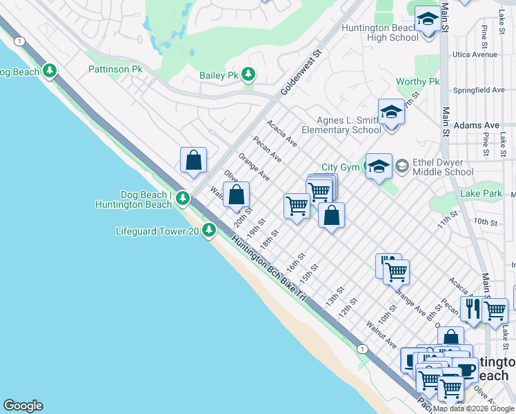 map of restaurants, bars, coffee shops, grocery stores, and more near 222 20th Street in Huntington Beach