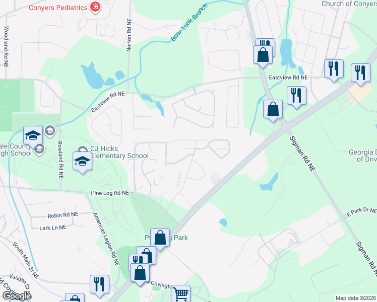map of restaurants, bars, coffee shops, grocery stores, and more near 1057 Wedgewood Court Northeast in Conyers
