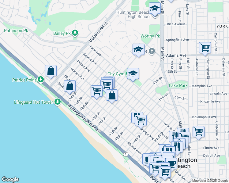map of restaurants, bars, coffee shops, grocery stores, and more near 501 16th Street in Huntington Beach