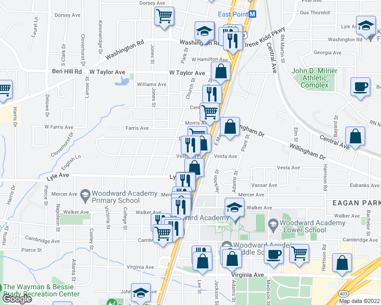 map of restaurants, bars, coffee shops, grocery stores, and more near 3212 East Point Street in Atlanta