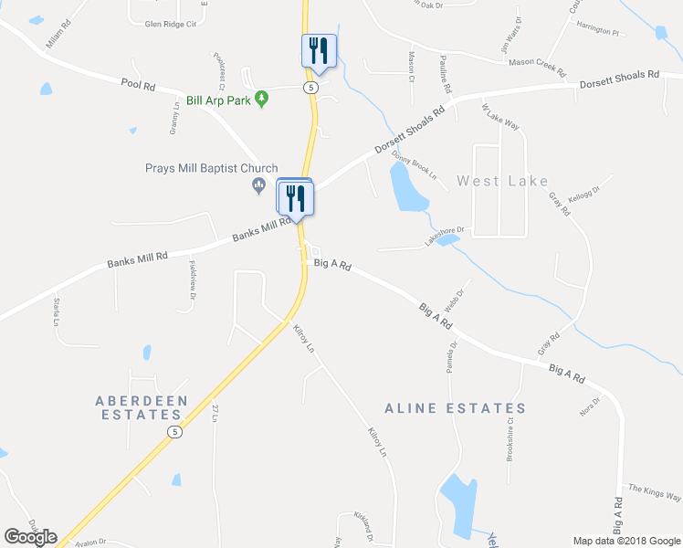map of restaurants, bars, coffee shops, grocery stores, and more near 4955 Big A Road in Douglasville