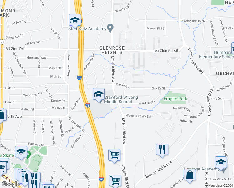 map of restaurants, bars, coffee shops, grocery stores, and more near 3194 Empire Boulevard Southwest in Atlanta