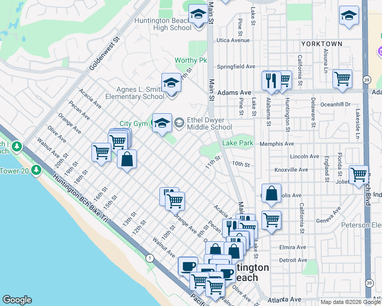 map of restaurants, bars, coffee shops, grocery stores, and more near 716 13th Street in Huntington Beach