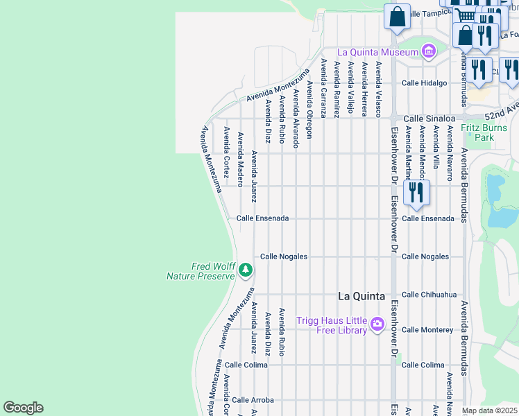 map of restaurants, bars, coffee shops, grocery stores, and more near 52392 Avenida Juarez in La Quinta