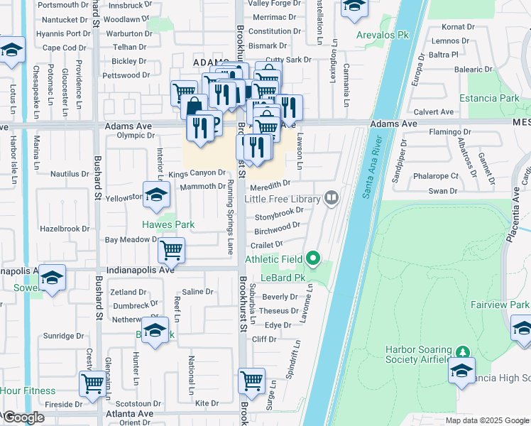 map of restaurants, bars, coffee shops, grocery stores, and more near 10081 Stonybrook Drive in Huntington Beach