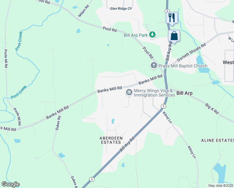 map of restaurants, bars, coffee shops, grocery stores, and more near 7241 Banks Mill Road in Douglasville