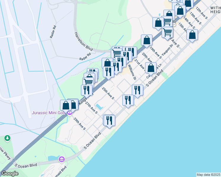 map of restaurants, bars, coffee shops, grocery stores, and more near 2502 Clearwater Street in Myrtle Beach
