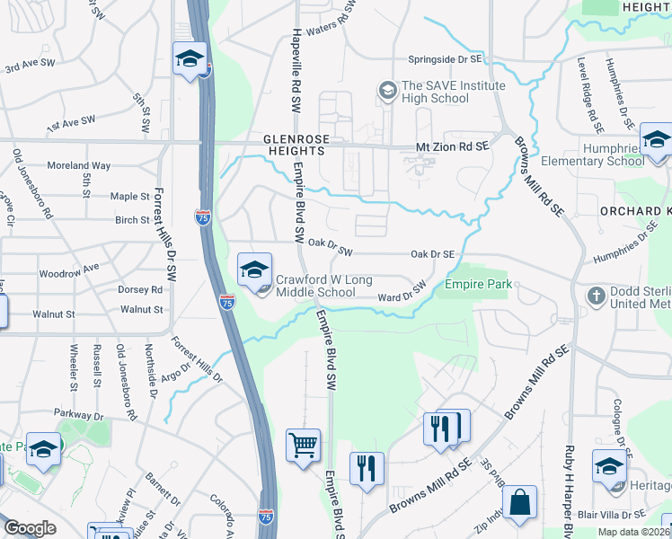 map of restaurants, bars, coffee shops, grocery stores, and more near 71 Ruzelle Drive Southeast in Atlanta
