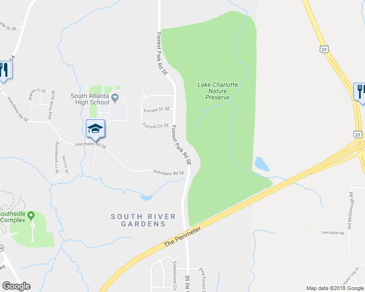map of restaurants, bars, coffee shops, grocery stores, and more near 3170 Forrest Park Road Southeast in Atlanta