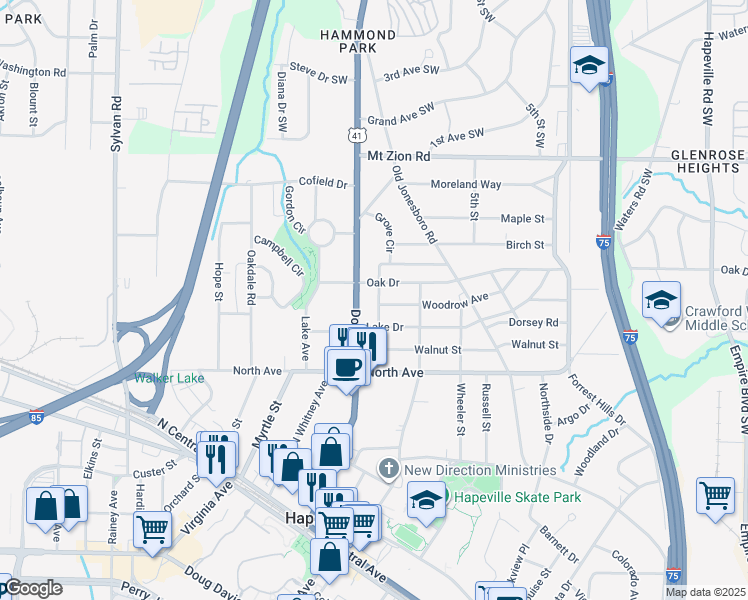 map of restaurants, bars, coffee shops, grocery stores, and more near 3187 Jackson Street in Hapeville