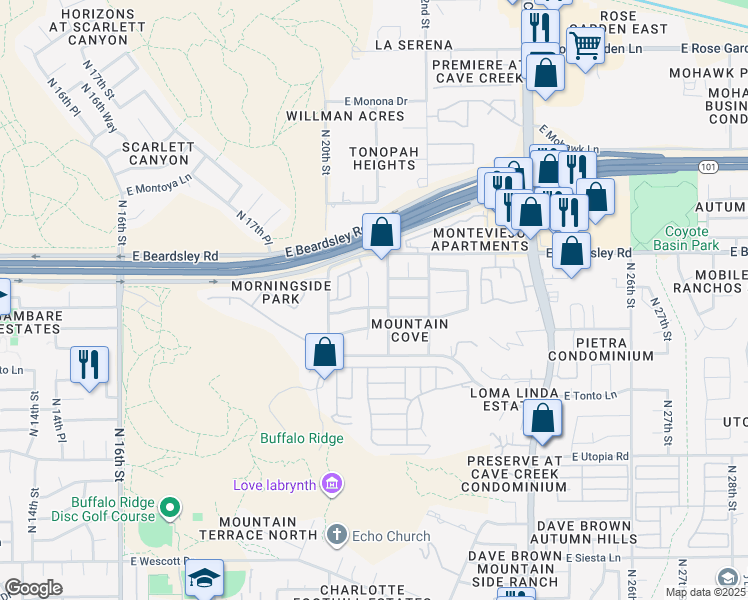 map of restaurants, bars, coffee shops, grocery stores, and more near 2039 East Escuda Road in Phoenix