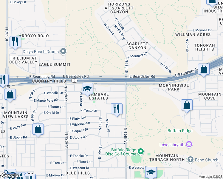 map of restaurants, bars, coffee shops, grocery stores, and more near 1505 East Wahalla Lane in Phoenix