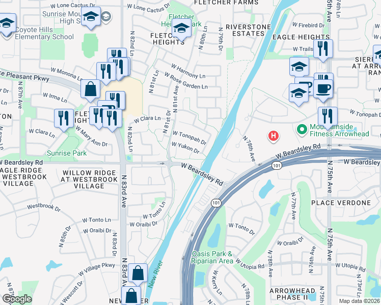 map of restaurants, bars, coffee shops, grocery stores, and more near 7977 West Yukon Drive in Peoria