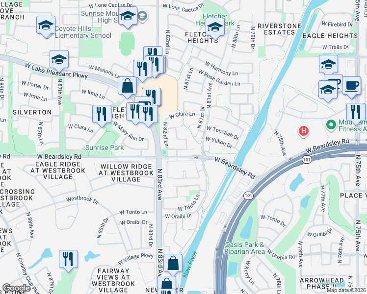 map of restaurants, bars, coffee shops, grocery stores, and more near 8189 West Pontiac Drive in Peoria
