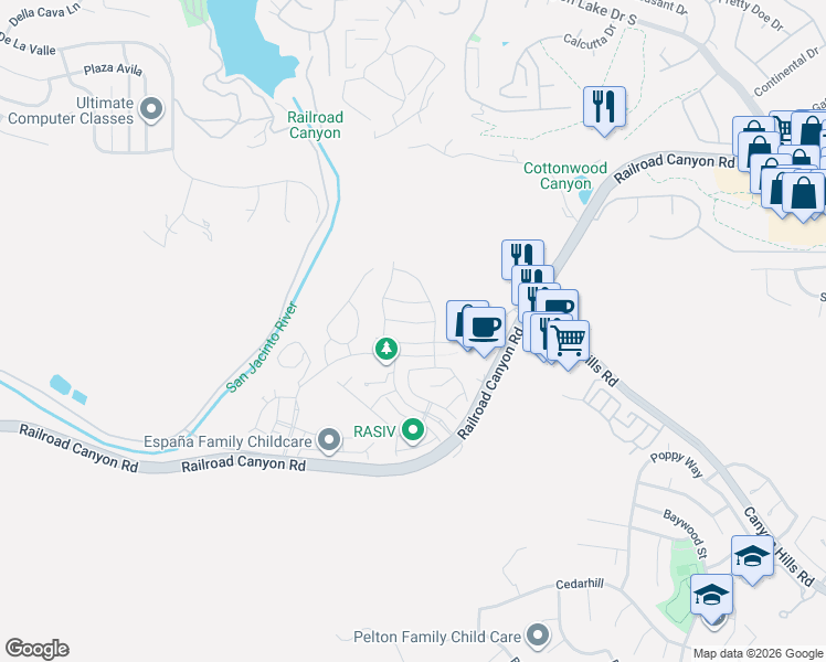 map of restaurants, bars, coffee shops, grocery stores, and more near 24438 Preston Court in Lake Elsinore