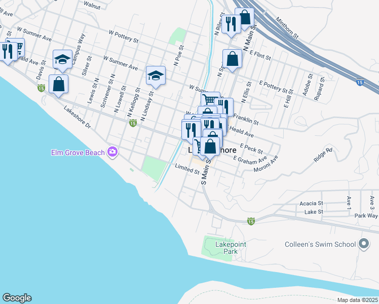 map of restaurants, bars, coffee shops, grocery stores, and more near 127 South Spring Street in Lake Elsinore