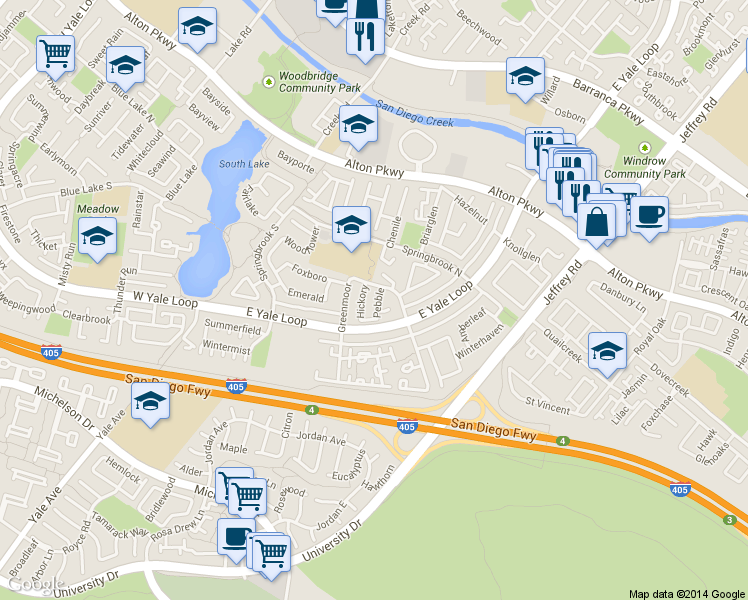 map of restaurants, bars, coffee shops, grocery stores, and more near 17 Hickory in Irvine