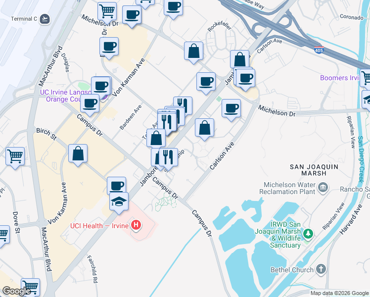 map of restaurants, bars, coffee shops, grocery stores, and more near 2100 Scholarship in Irvine