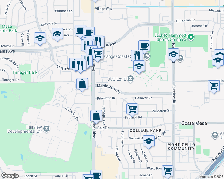 map of restaurants, bars, coffee shops, grocery stores, and more near 425 Merrimac Way in Costa Mesa
