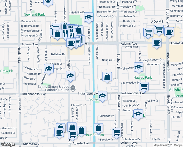 map of restaurants, bars, coffee shops, grocery stores, and more near 9212 Paddock Circle in Huntington Beach