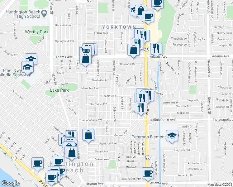 map of restaurants, bars, coffee shops, grocery stores, and more near 1119 Delaware Street in Huntington Beach