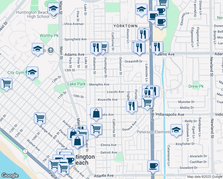 map of restaurants, bars, coffee shops, grocery stores, and more near 1120 Huntington Street in Huntington Beach