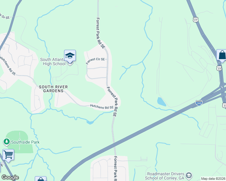 map of restaurants, bars, coffee shops, grocery stores, and more near 3170 Forrest Park Road Southeast in Atlanta