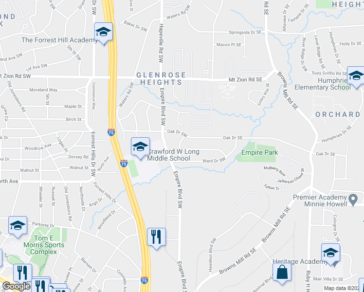 map of restaurants, bars, coffee shops, grocery stores, and more near 71 Ruzelle Drive Southeast in Atlanta