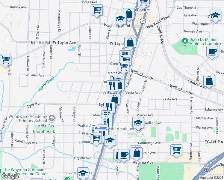 map of restaurants, bars, coffee shops, grocery stores, and more near 3212 East Point Street in Atlanta