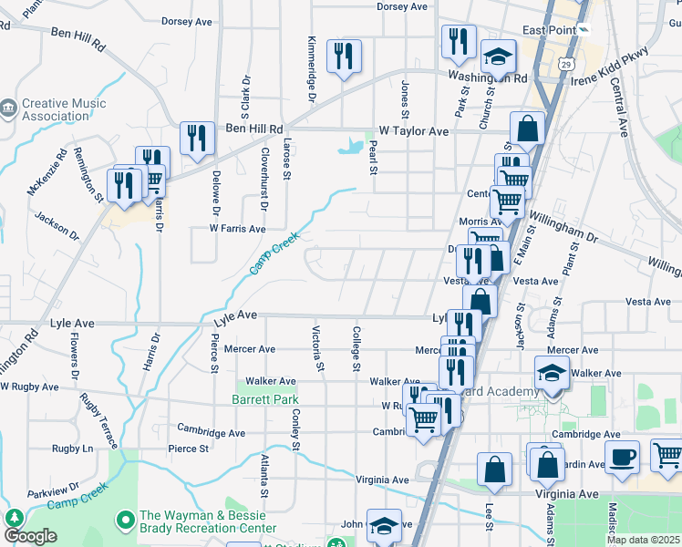 map of restaurants, bars, coffee shops, grocery stores, and more near 1912 Vesta Avenue in College Park