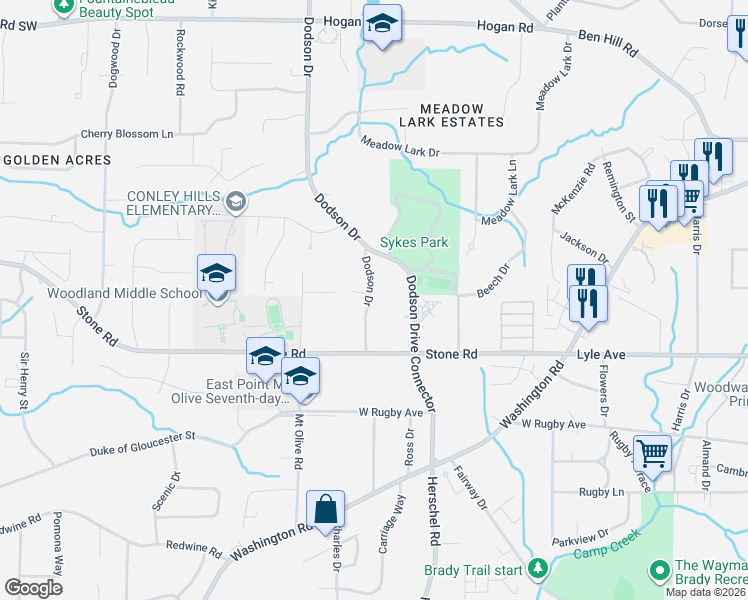 map of restaurants, bars, coffee shops, grocery stores, and more near 3242 Dodson Drive in Atlanta