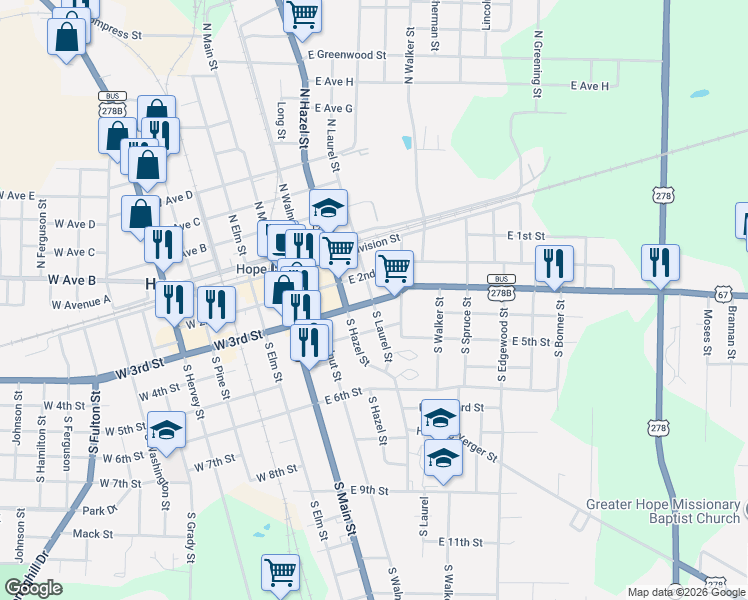 map of restaurants, bars, coffee shops, grocery stores, and more near 320 South Laurel Street in Hope