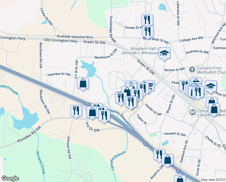 map of restaurants, bars, coffee shops, grocery stores, and more near 2044 Appaloosa Way in Conyers