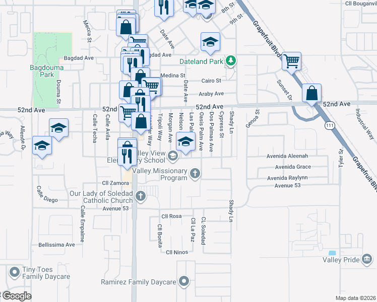map of restaurants, bars, coffee shops, grocery stores, and more near 52425 Las Palmas Street in Coachella