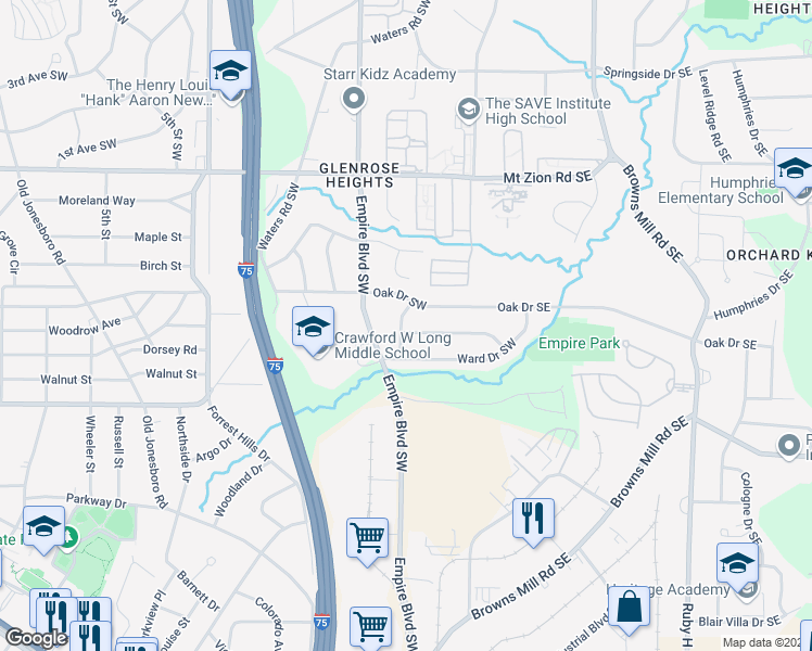 map of restaurants, bars, coffee shops, grocery stores, and more near 70 Ruzelle Drive Southeast in Atlanta