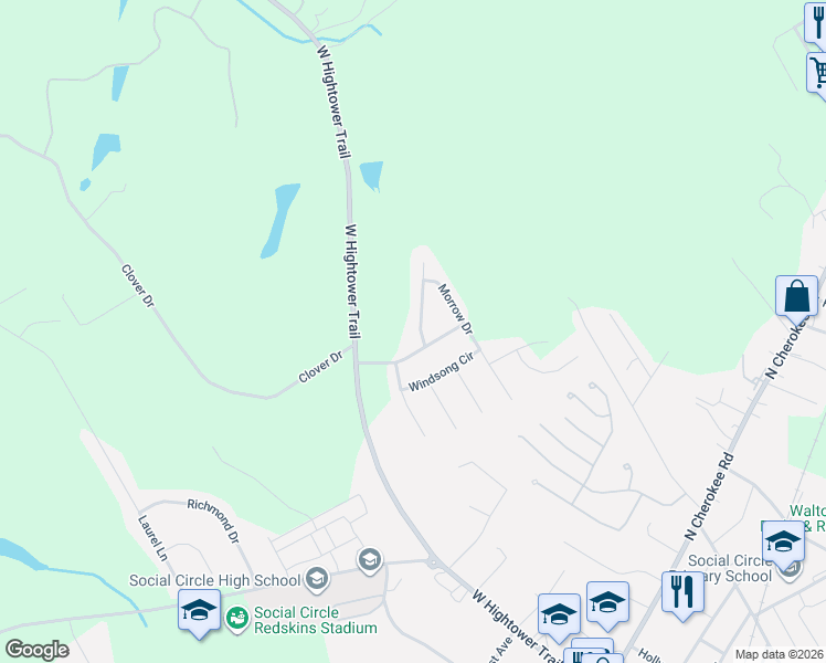 map of restaurants, bars, coffee shops, grocery stores, and more near 506 Lindsey Way in Social Circle