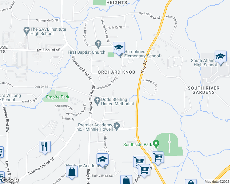 map of restaurants, bars, coffee shops, grocery stores, and more near 3192 Belfort Road Southeast in Atlanta