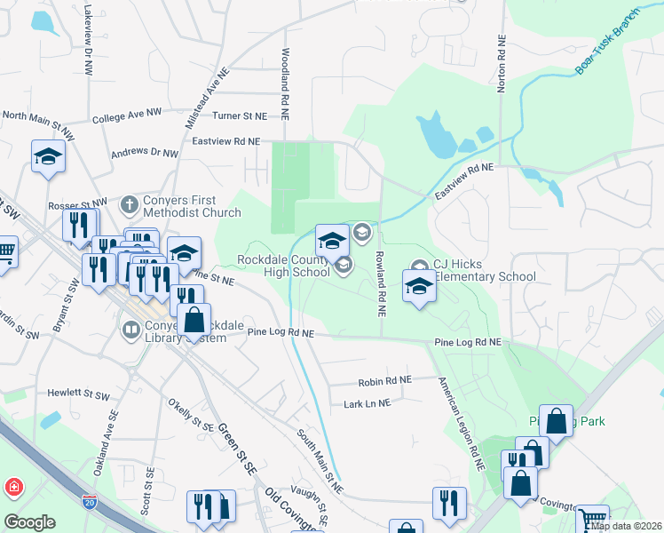 map of restaurants, bars, coffee shops, grocery stores, and more near 1174 Bulldog Circle Northeast in Conyers