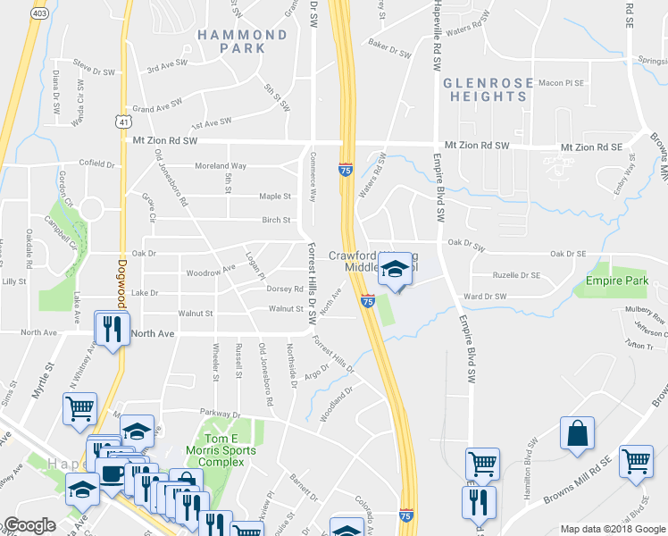 map of restaurants, bars, coffee shops, grocery stores, and more near 254 Dorsey Road in Atlanta