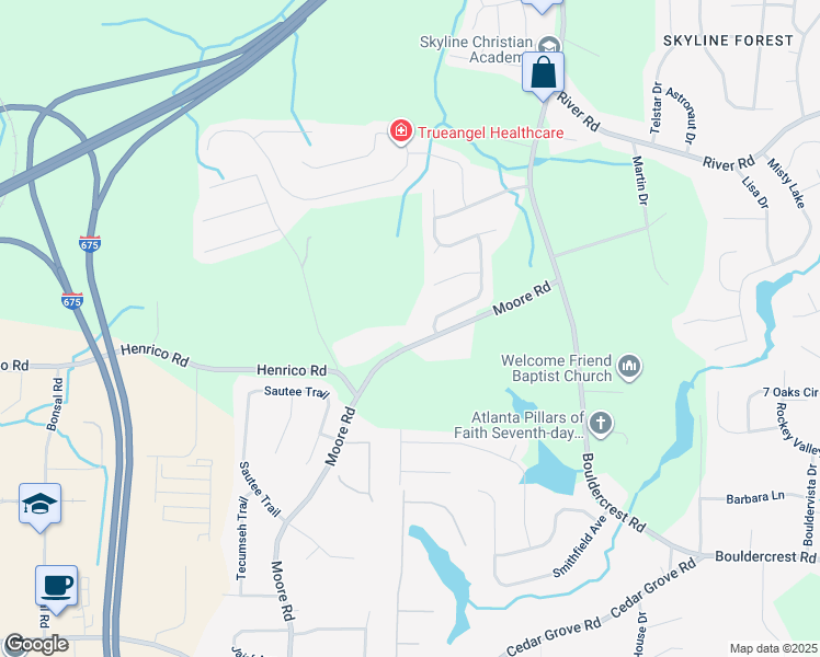 map of restaurants, bars, coffee shops, grocery stores, and more near 3881 Moore Road in Ellenwood