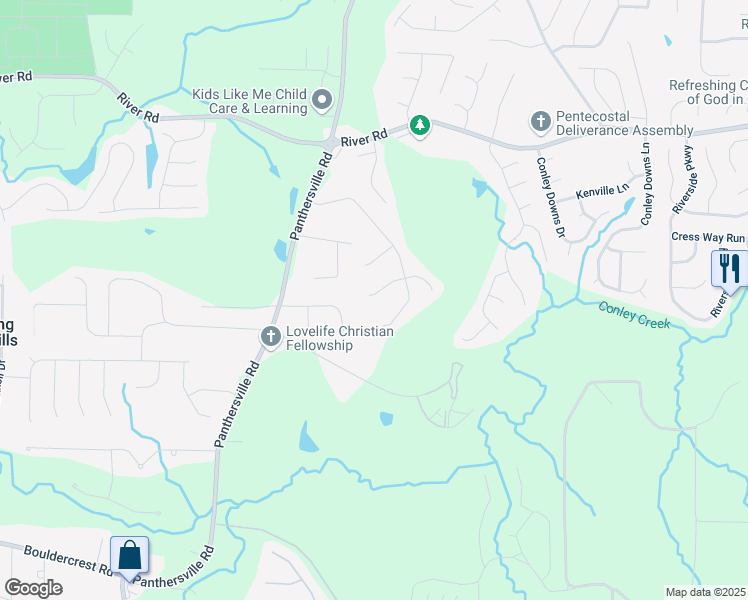 map of restaurants, bars, coffee shops, grocery stores, and more near 3886 Cedar Trace Lane in Ellenwood