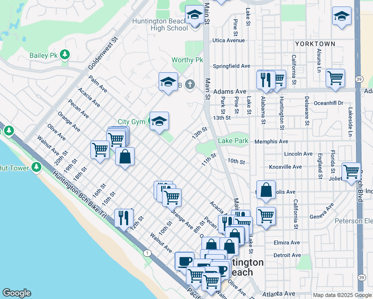 map of restaurants, bars, coffee shops, grocery stores, and more near 716 13th Street in Huntington Beach