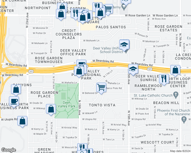 map of restaurants, bars, coffee shops, grocery stores, and more near 20025 North 18th Drive in Phoenix