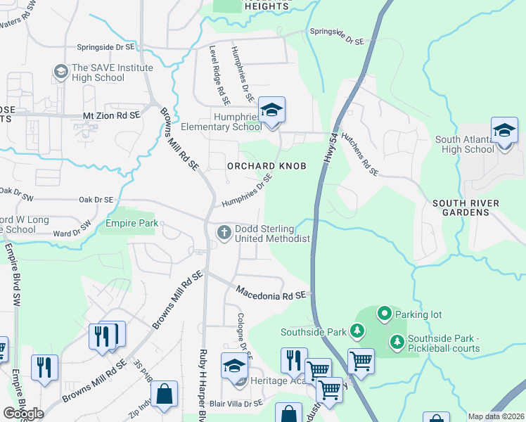 map of restaurants, bars, coffee shops, grocery stores, and more near 3216 Belfort Road Southeast in Atlanta